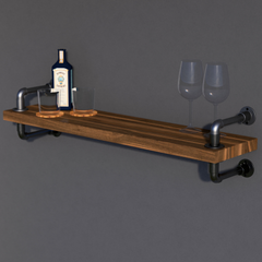 Rustic Industrial Single Pipe Floating Shelf, Dark Oak