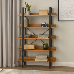 Laxton 5 Tier Wood Finish Shelves And Black Frame Shelf Unit