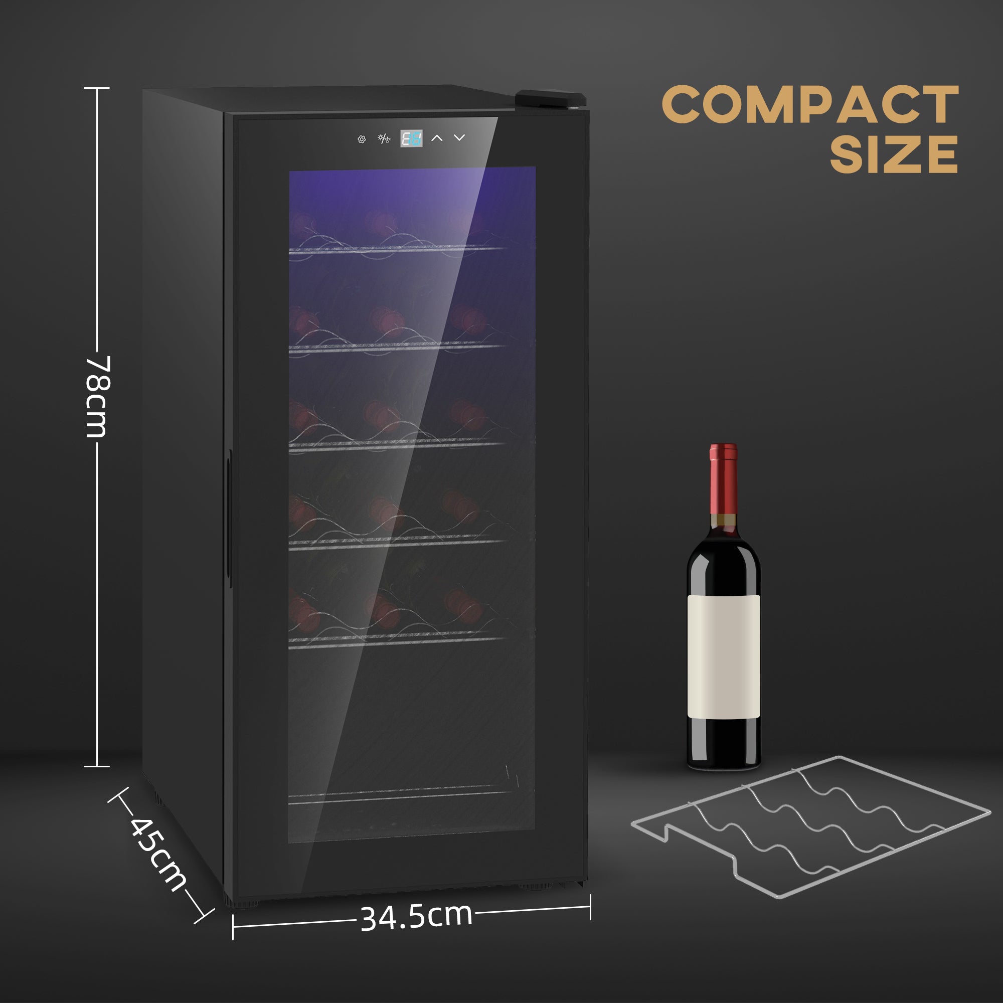 HOMCOM black freestanding 18 bottle wine cooler with a glass door and LED touch controls