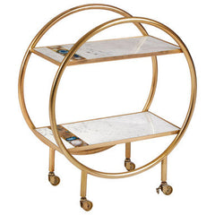 2 Tier Gold Finish Bar Trolley with Marble and Agate Shelves, Vizzini