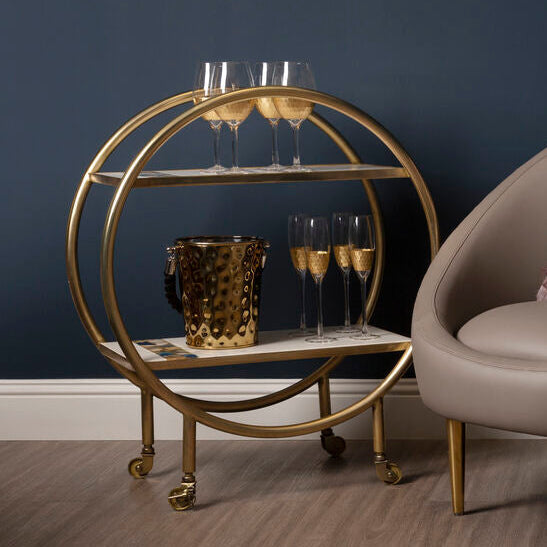 2 Tier Gold Finish Bar Trolley with Marble and Agate Shelves, Vizzini