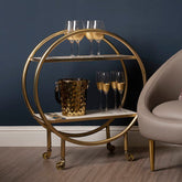 2 Tier Gold Finish Bar Trolley with Marble and Agate Shelves, Vizzini