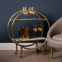 2 Tier Gold Finish Bar Trolley with Marble and Agate Shelves, Vizzini