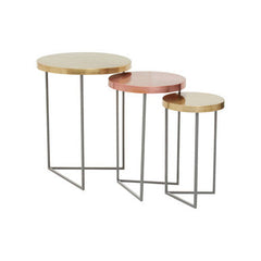 Set of 3 Nesting Side Tables with Warm Metallic Round Tops and Grey Metal Bases, Korba
