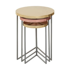 Set of 3 Nesting Side Tables with Warm Metallic Round Tops and Grey Metal Bases, Korba