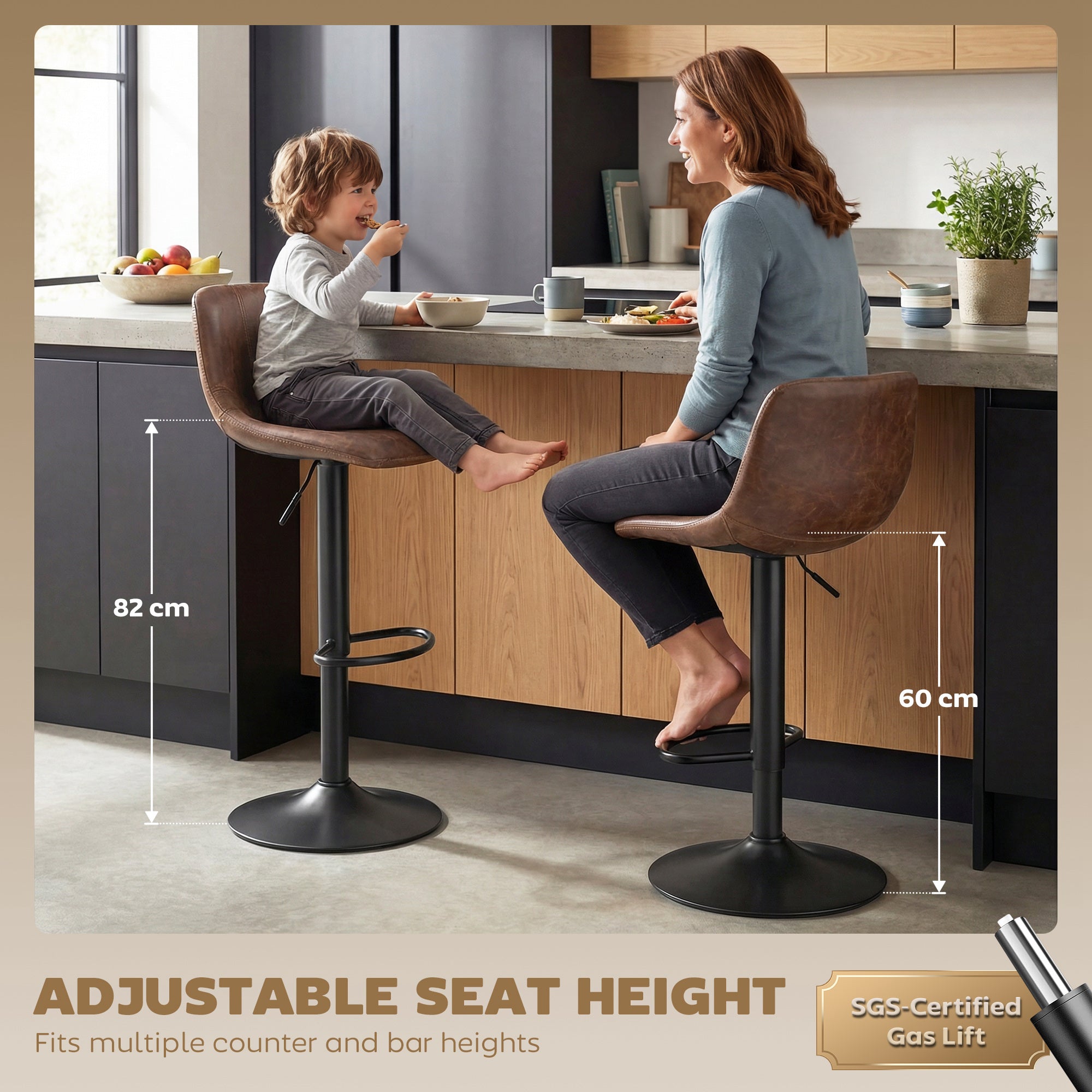 Pair of HOMCOM vintage brown leathaire swivel bar stools