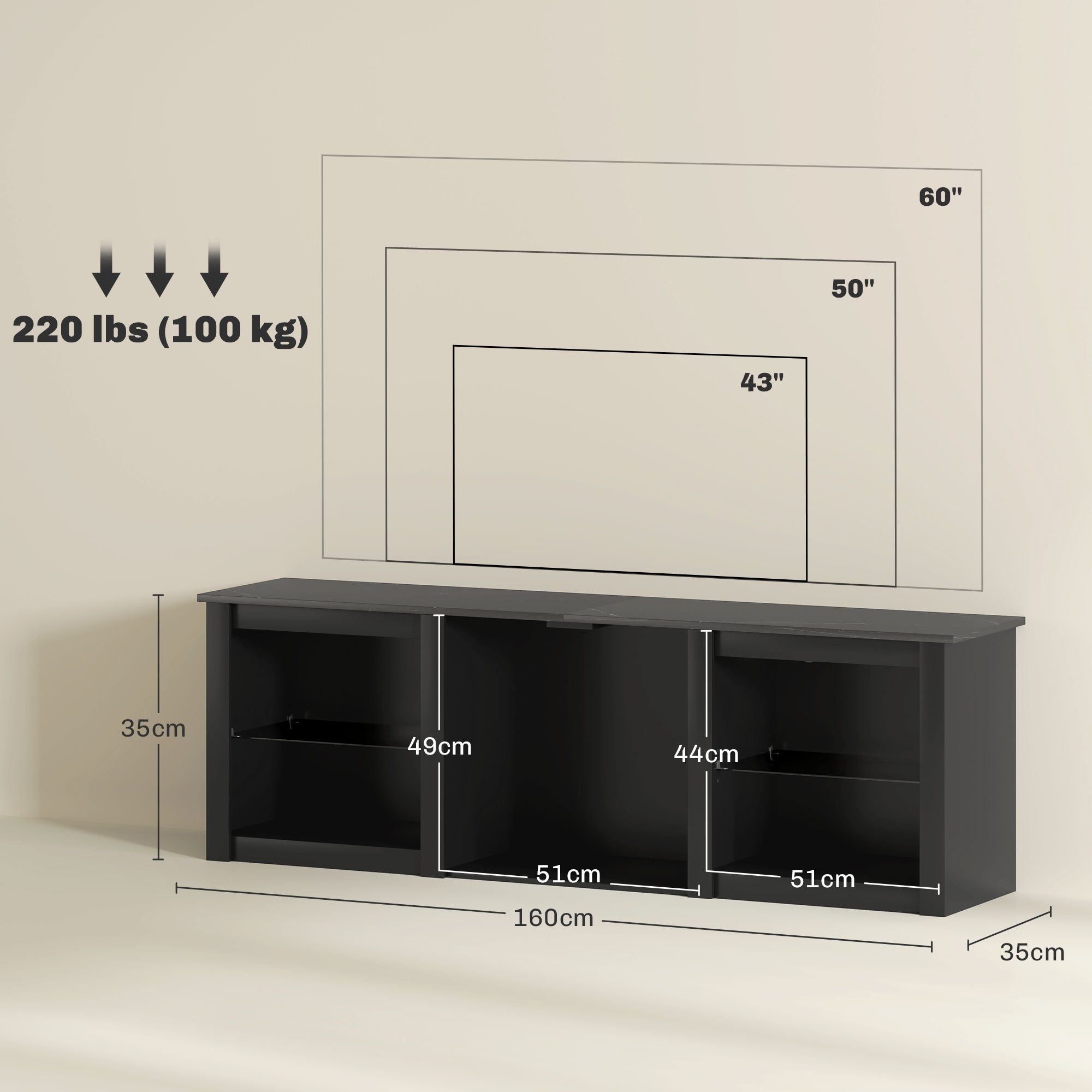 HOMCOM black 65 inch LED TV stand with glass shelves and storage