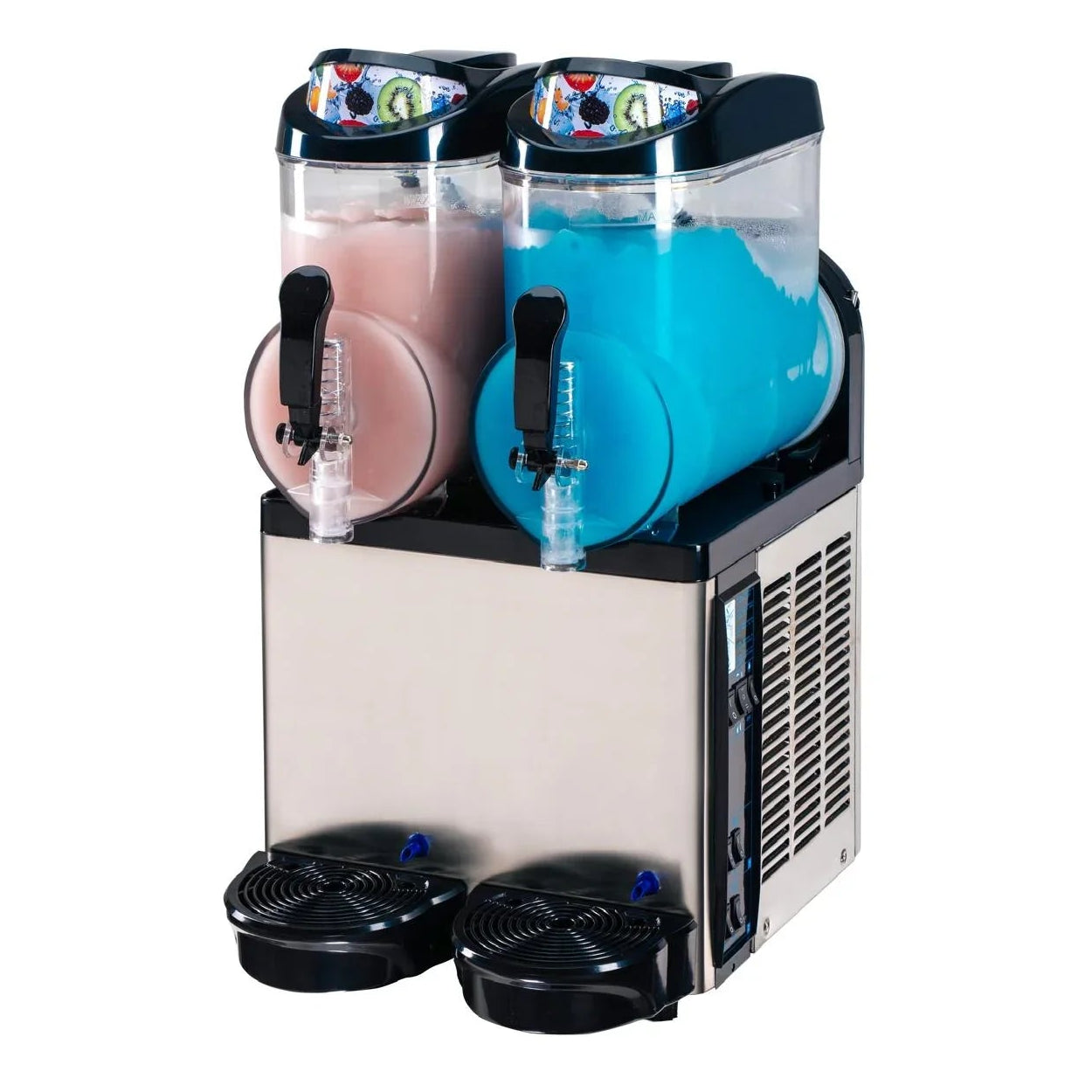 Double Slushy machine with two tanks, one pink and one blue, on a white background.