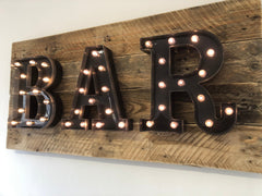 Rustic Wooden LED Bar Sign Letters – Handmade in the UK, Light-Up Industrial Bar Sign