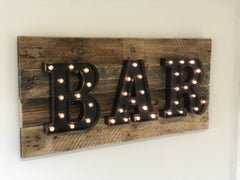 Rustic Wooden LED Bar Sign Letters – Handmade in the UK, Light-Up Industrial Bar Sign