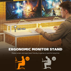 HOMCOM 147cm Gaming Desk with Charging Station and Monitor Stand, Computer Table for Home Office with RGB Lights, White