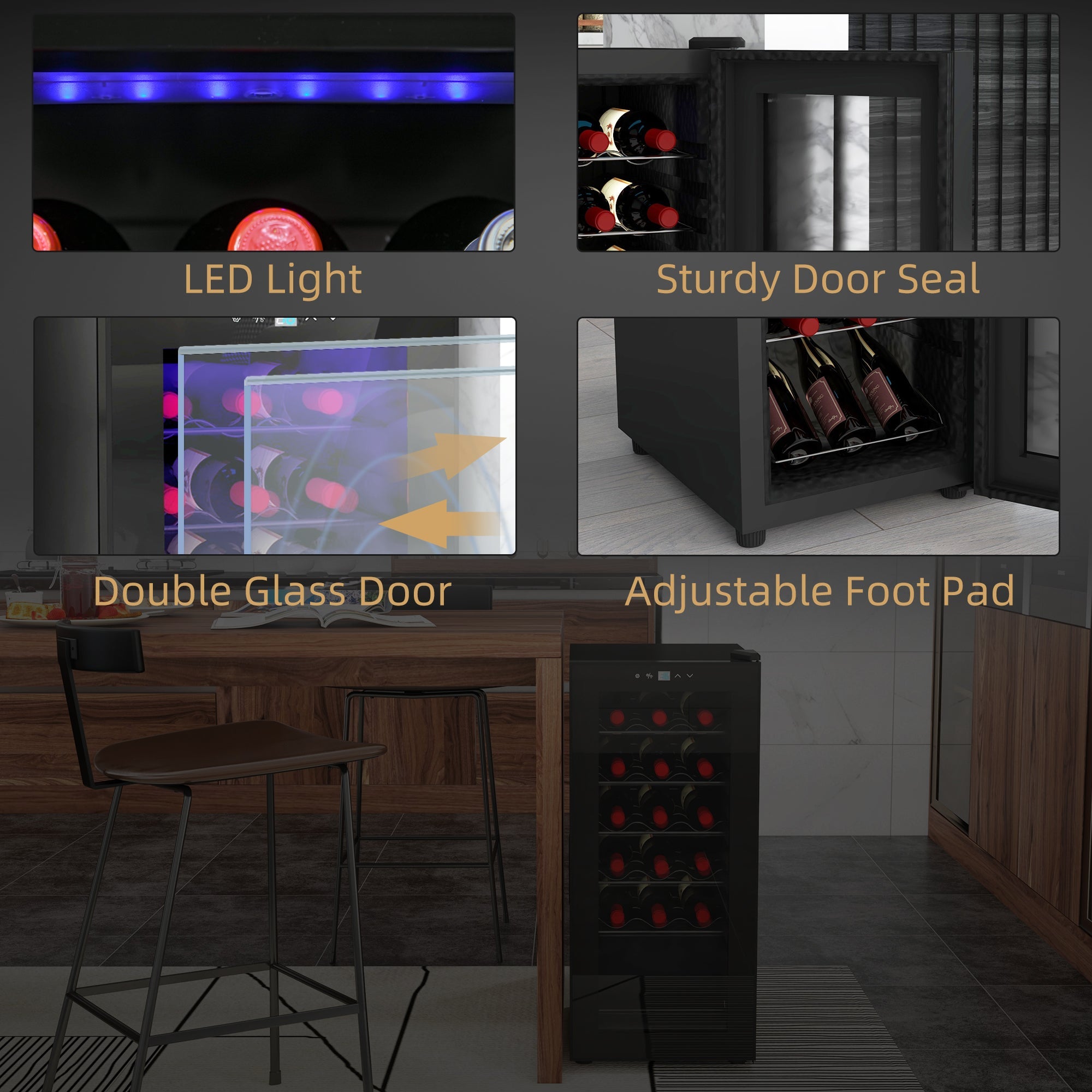 HOMCOM black freestanding 18 bottle wine cooler with a glass door and LED touch controls