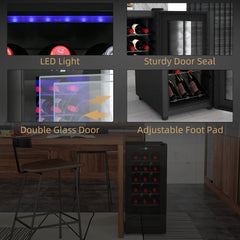 HOMCOM black freestanding 18 bottle wine cooler with a glass door and LED touch controls