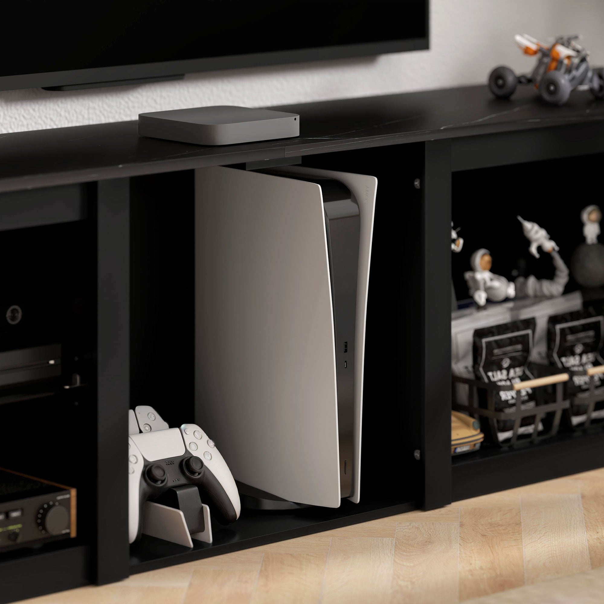HOMCOM black 65 inch LED TV stand with glass shelves and storage
