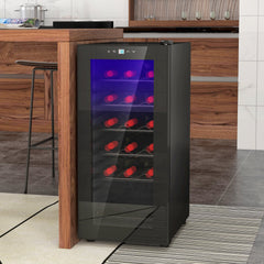 HOMCOM black freestanding 18 bottle wine cooler with a glass door and LED touch controls