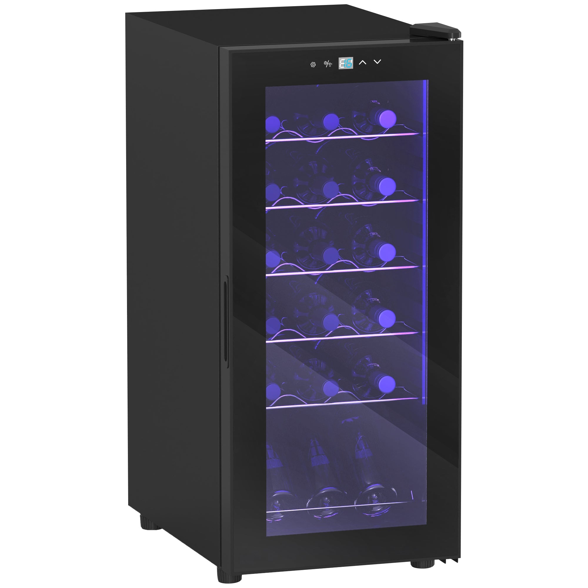 HOMCOM black freestanding 18 bottle wine cooler with a glass door and LED touch controls