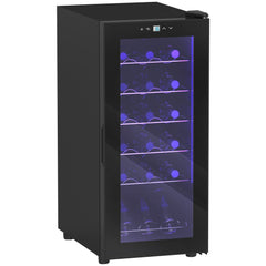 HOMCOM black freestanding 18 bottle wine cooler with a glass door and LED touch controls