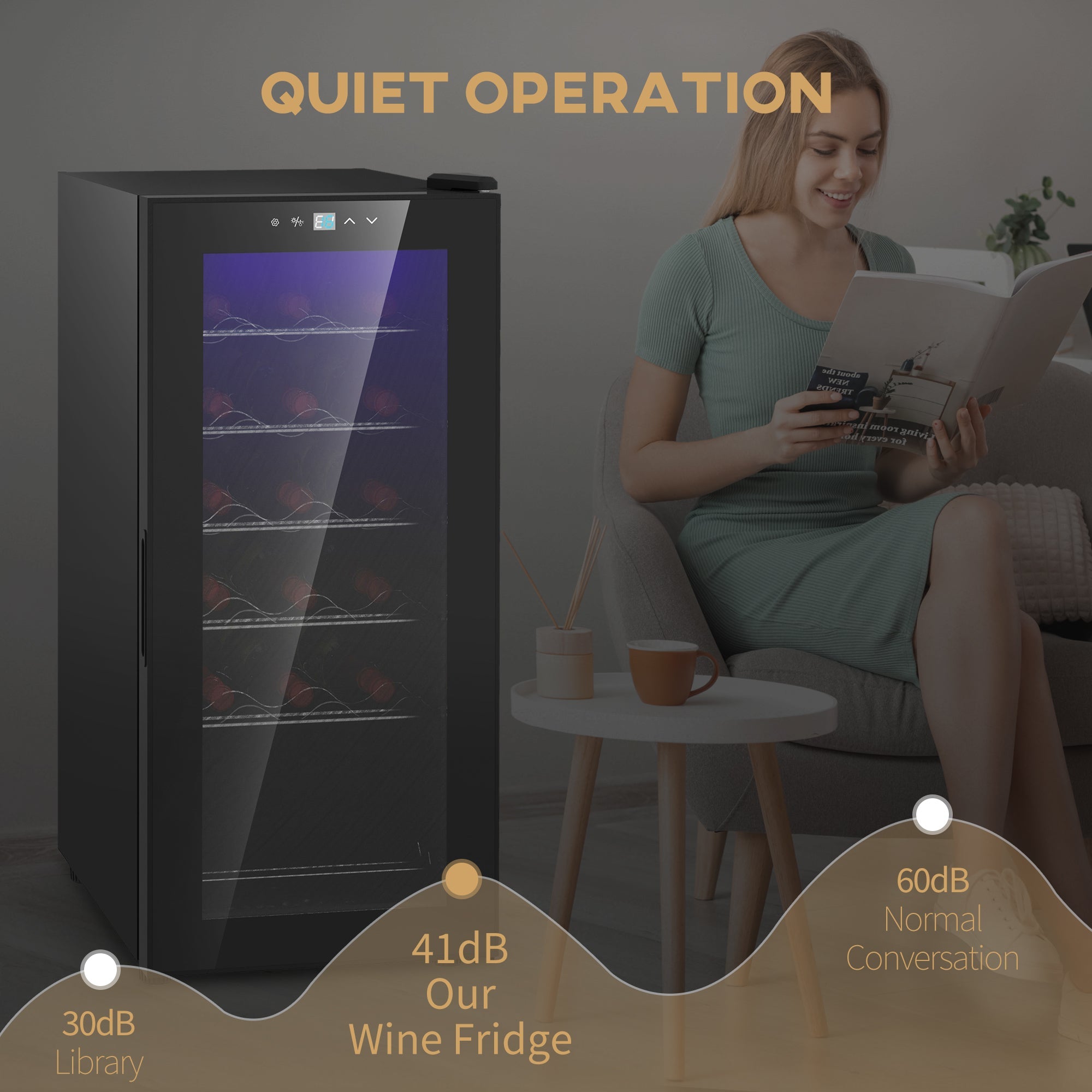 HOMCOM black freestanding 18 bottle wine cooler with a glass door and LED touch controls