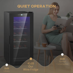 HOMCOM black freestanding 18 bottle wine cooler with a glass door and LED touch controls