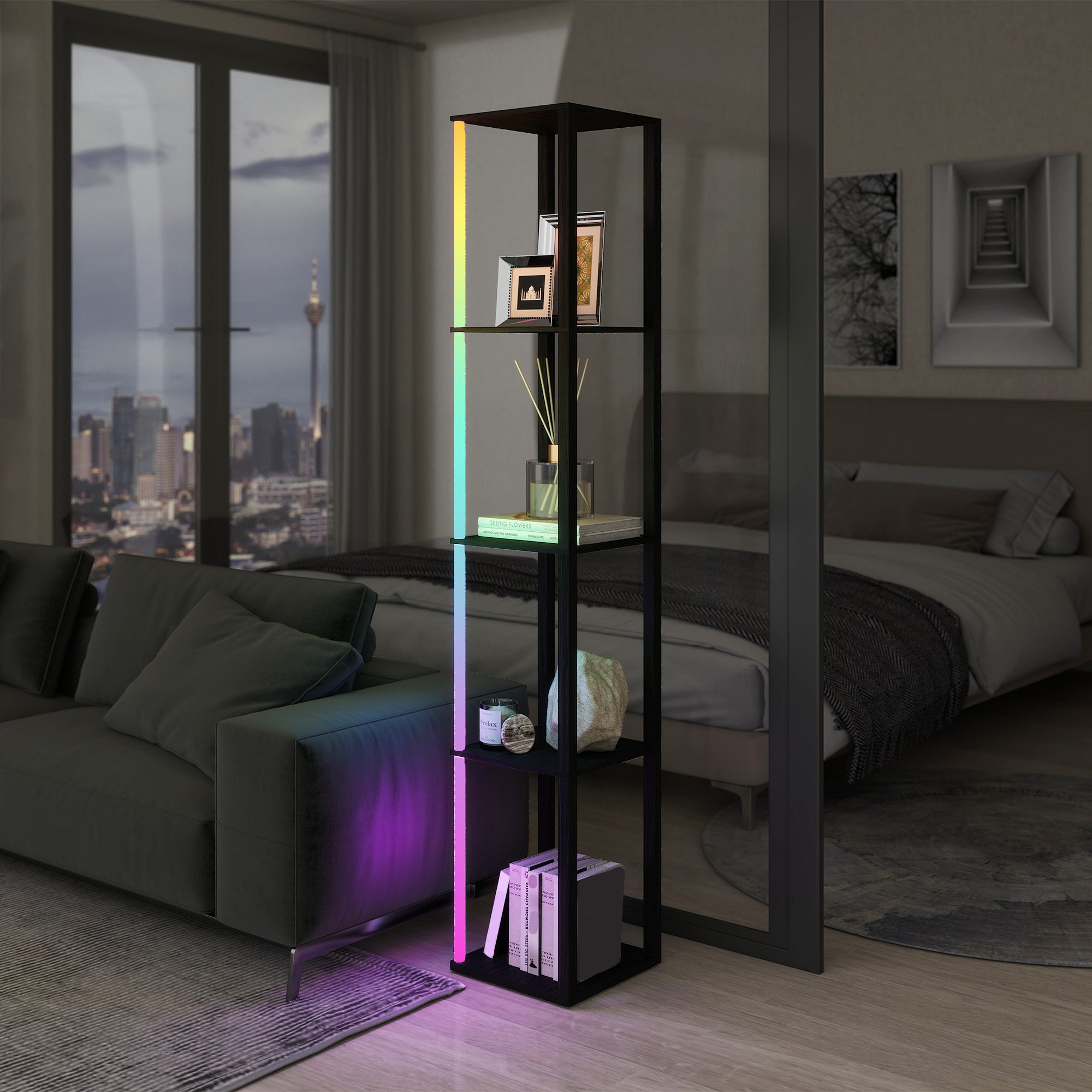 HOMCOM black RGB LED floor lamp with four display shelves
