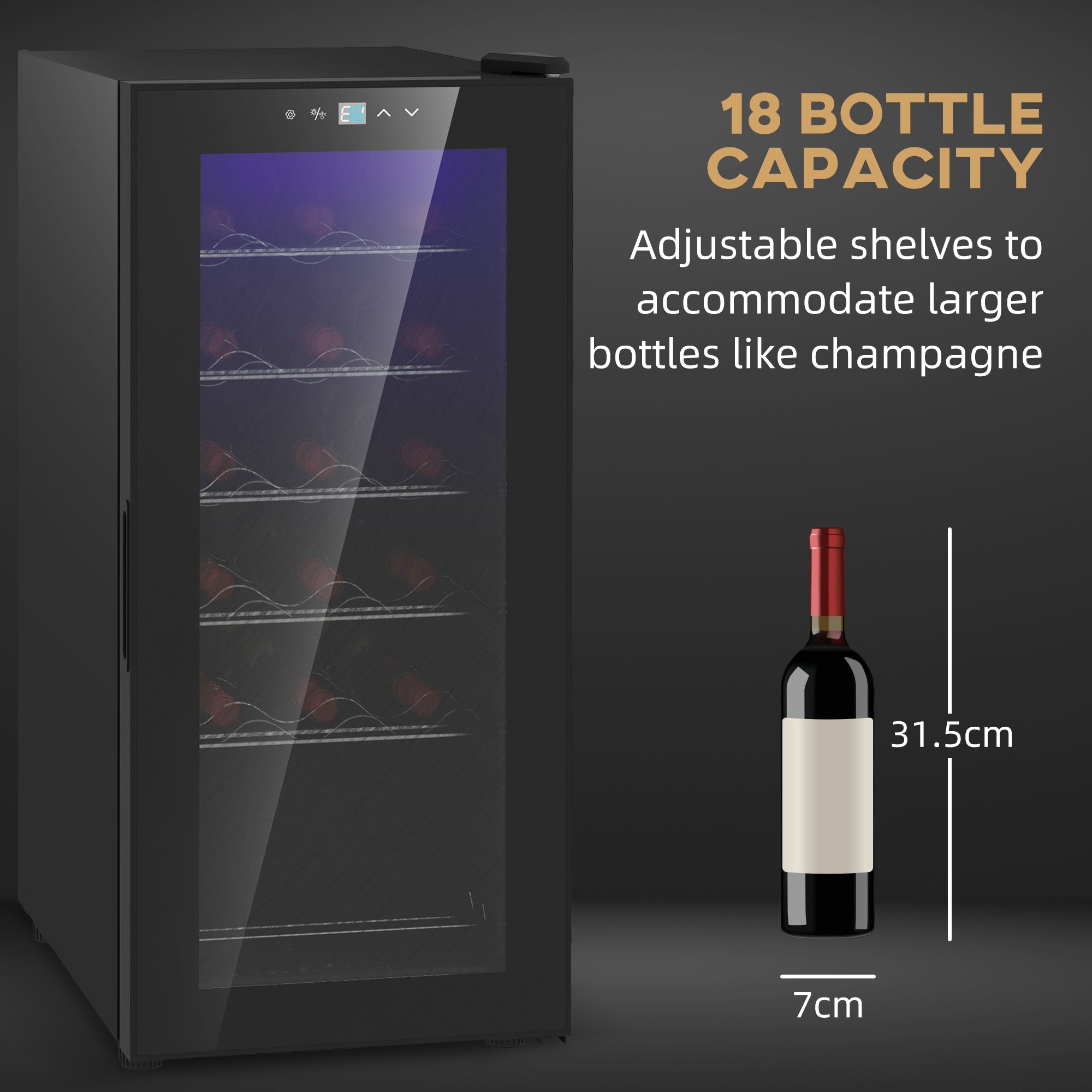 HOMCOM black freestanding 18 bottle wine cooler with a glass door and LED touch controls