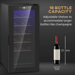 HOMCOM black freestanding 18 bottle wine cooler with a glass door and LED touch controls