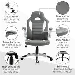 Vinsetto Computer Gaming Chair, Office Desk Swivel Chair, PU Leather Racing Chair with 90\'c2\'b0 Flip-up Armrest, Adjustable Height and Rolling Wheels, Grey