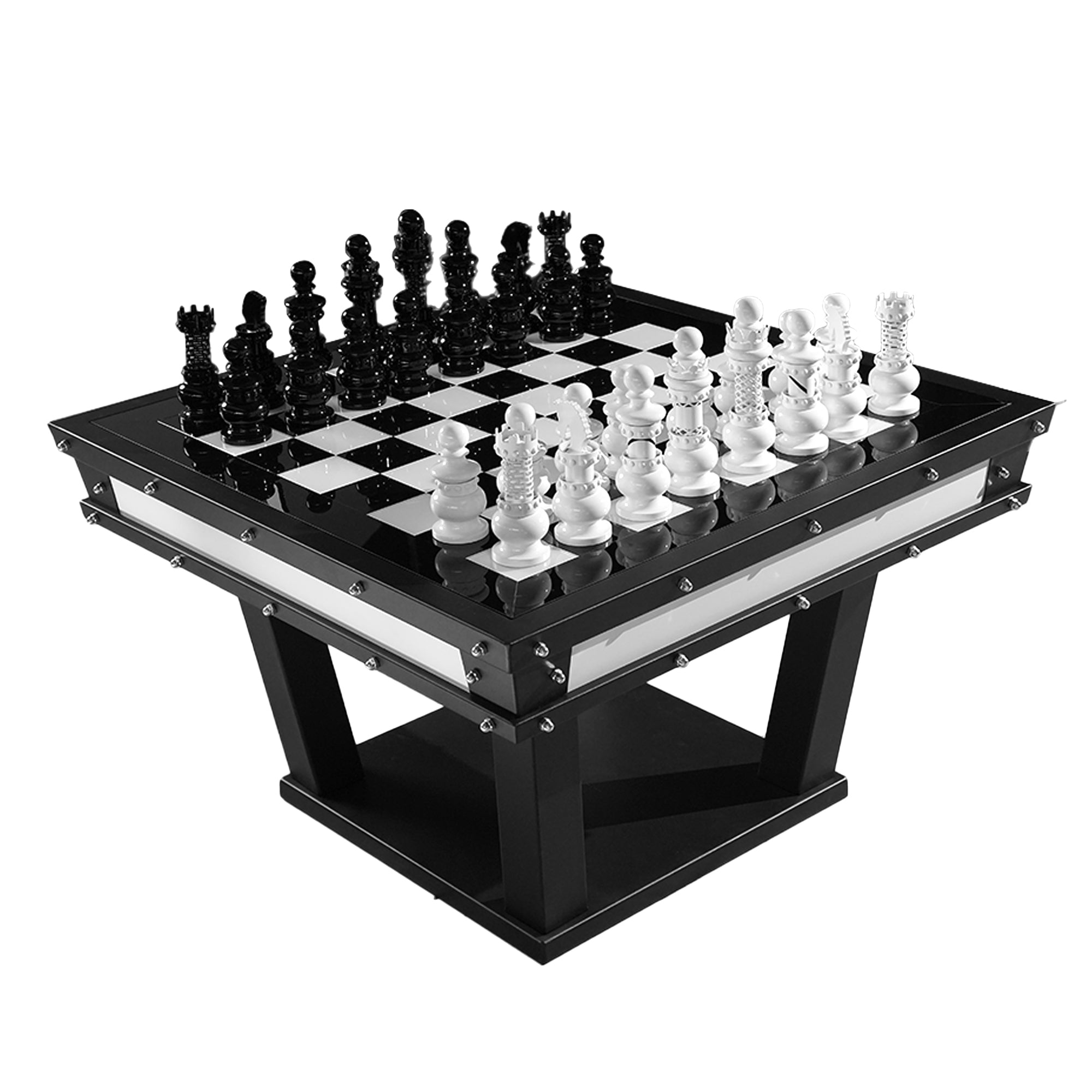 Black and white luxury chess set on a wooden board with a stand.