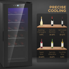 HOMCOM black freestanding 18 bottle wine cooler with a glass door and LED touch controls