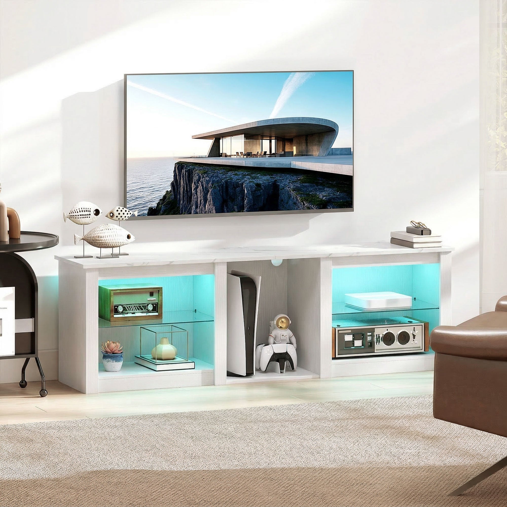 HOMCOM 70in TV Stand, with LED Lights and Storage - White