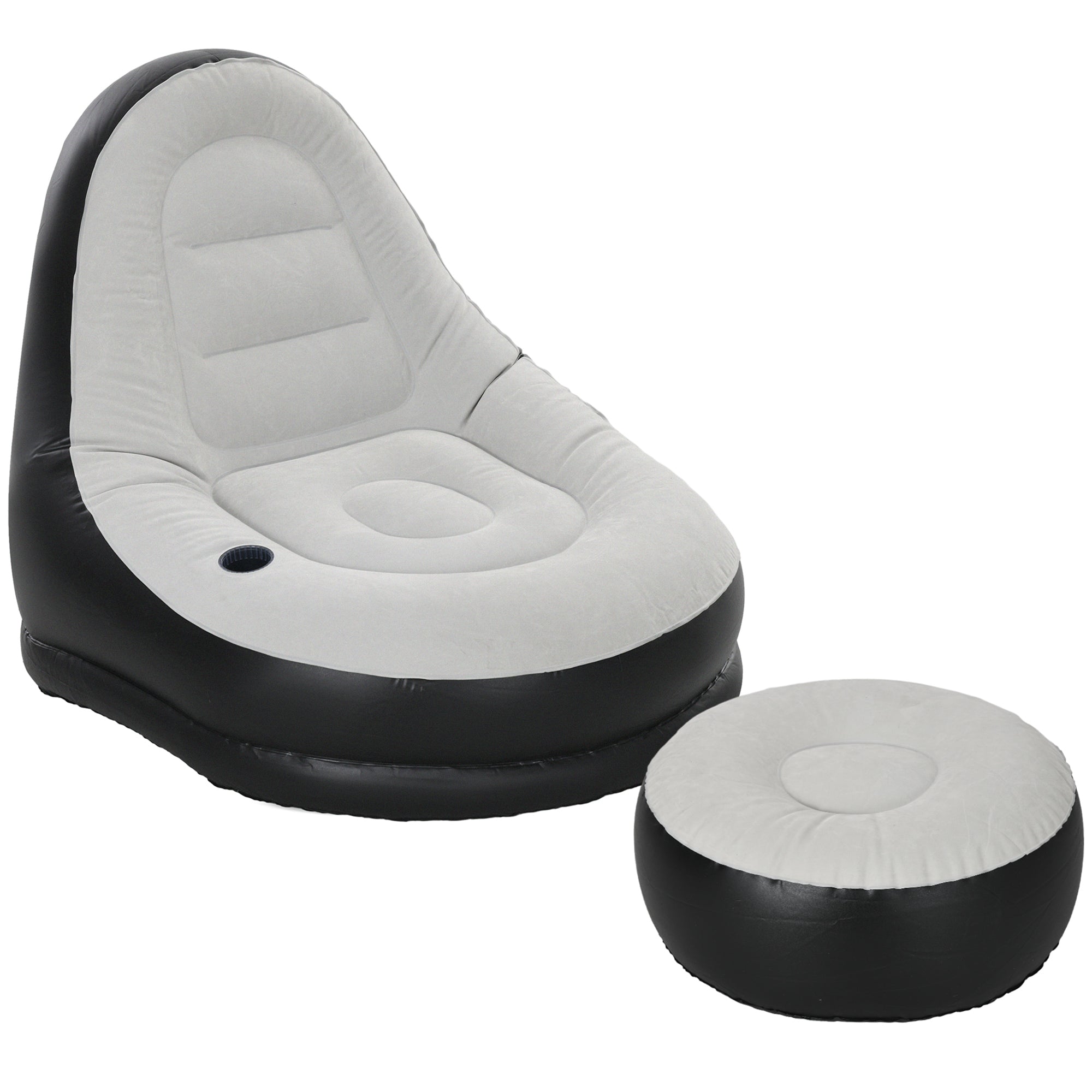 Outsunny Inflatable Sofa Chair and Foot Stool Set with Cup Holder, for Gaming, Reading and Movie Watching, Grey