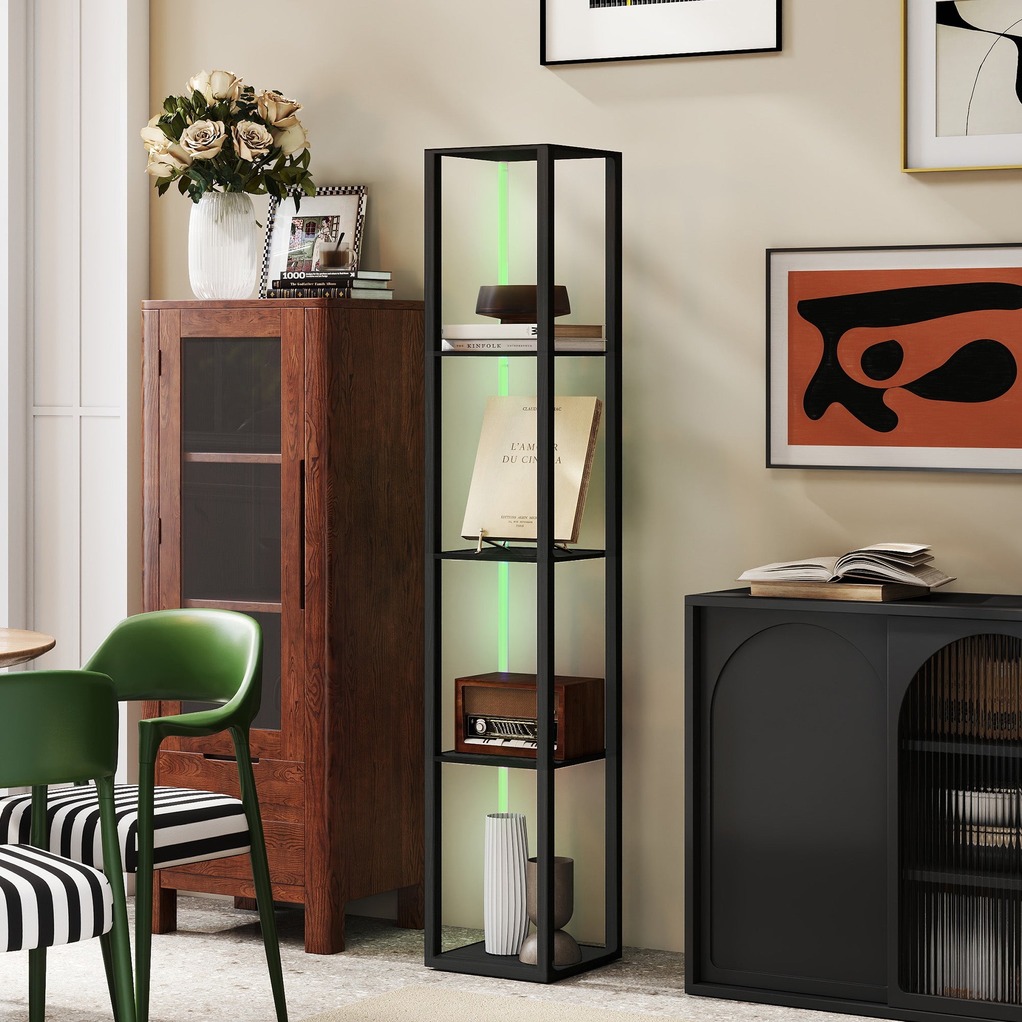 HOMCOM black RGB LED floor lamp with four display shelves