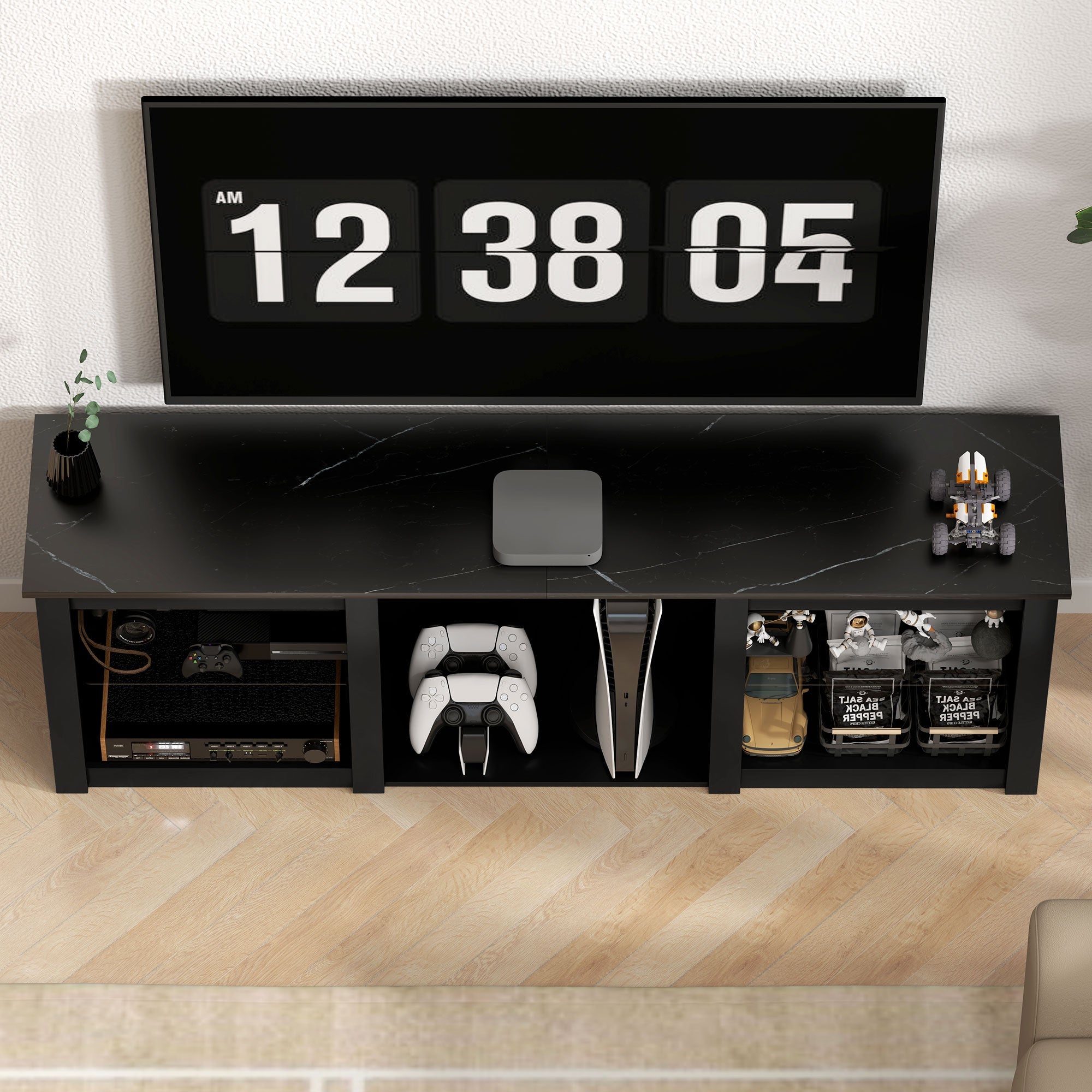 HOMCOM black 65 inch LED TV stand with glass shelves and storage