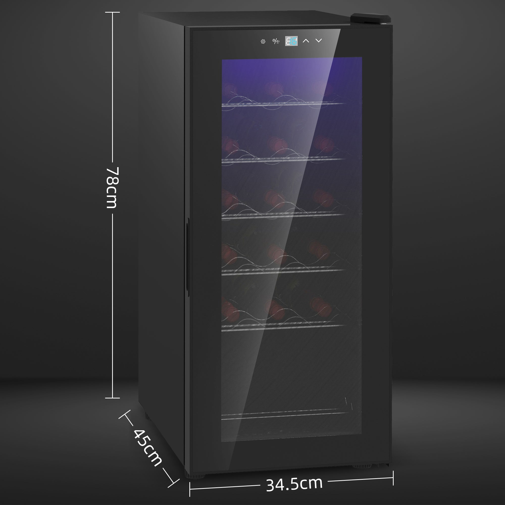 HOMCOM black freestanding 18 bottle wine cooler with a glass door and LED touch controls