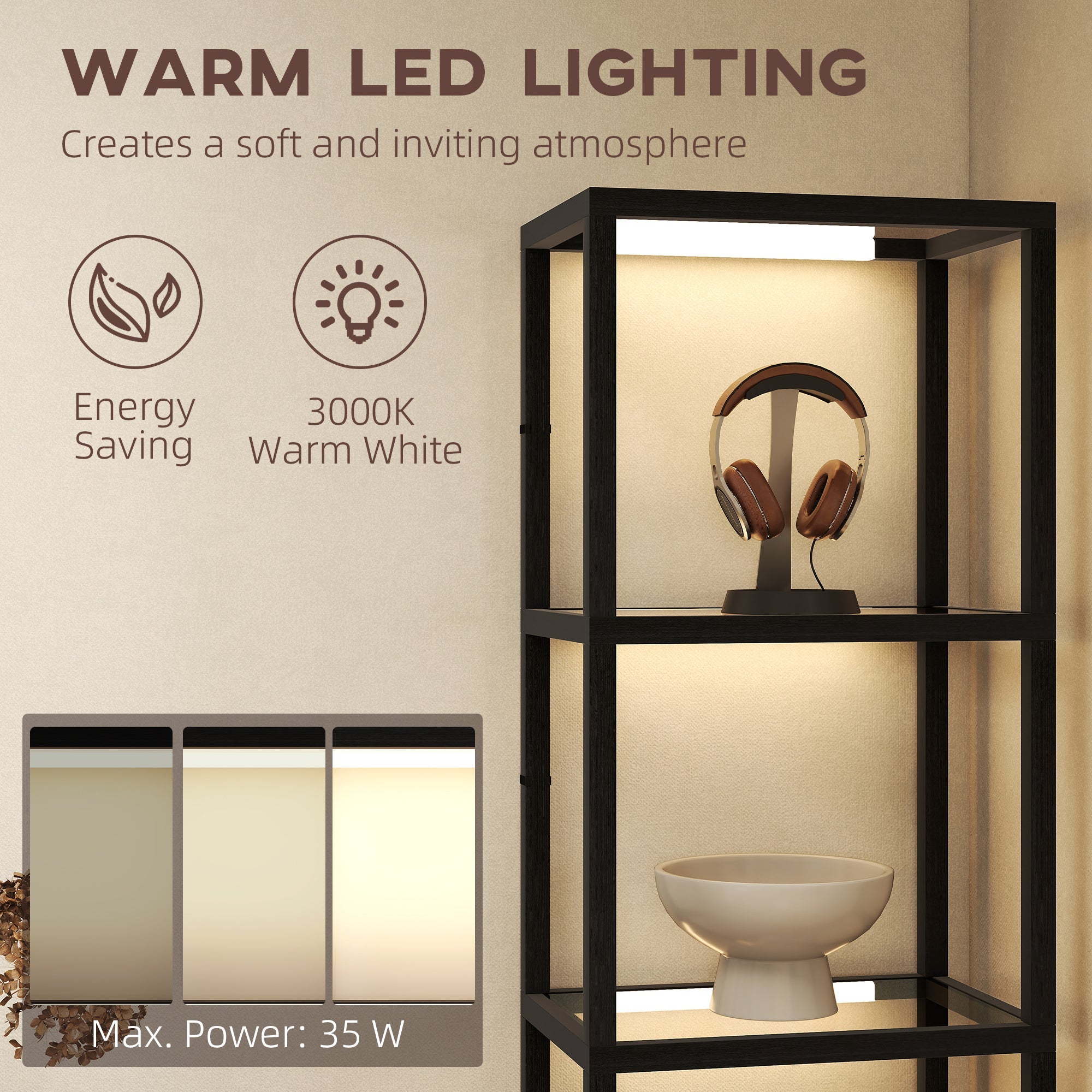 HOMCOM LED Floor Lamp with Glass Shelves, 4 Layers Dimmable Tall Standing Lamp, Modern Column Shelf Floor Light for Living Room, Bedroom, Office, Black