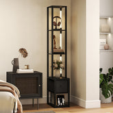 HOMCOM black LED floor lamp with shelves and a fabric drawer