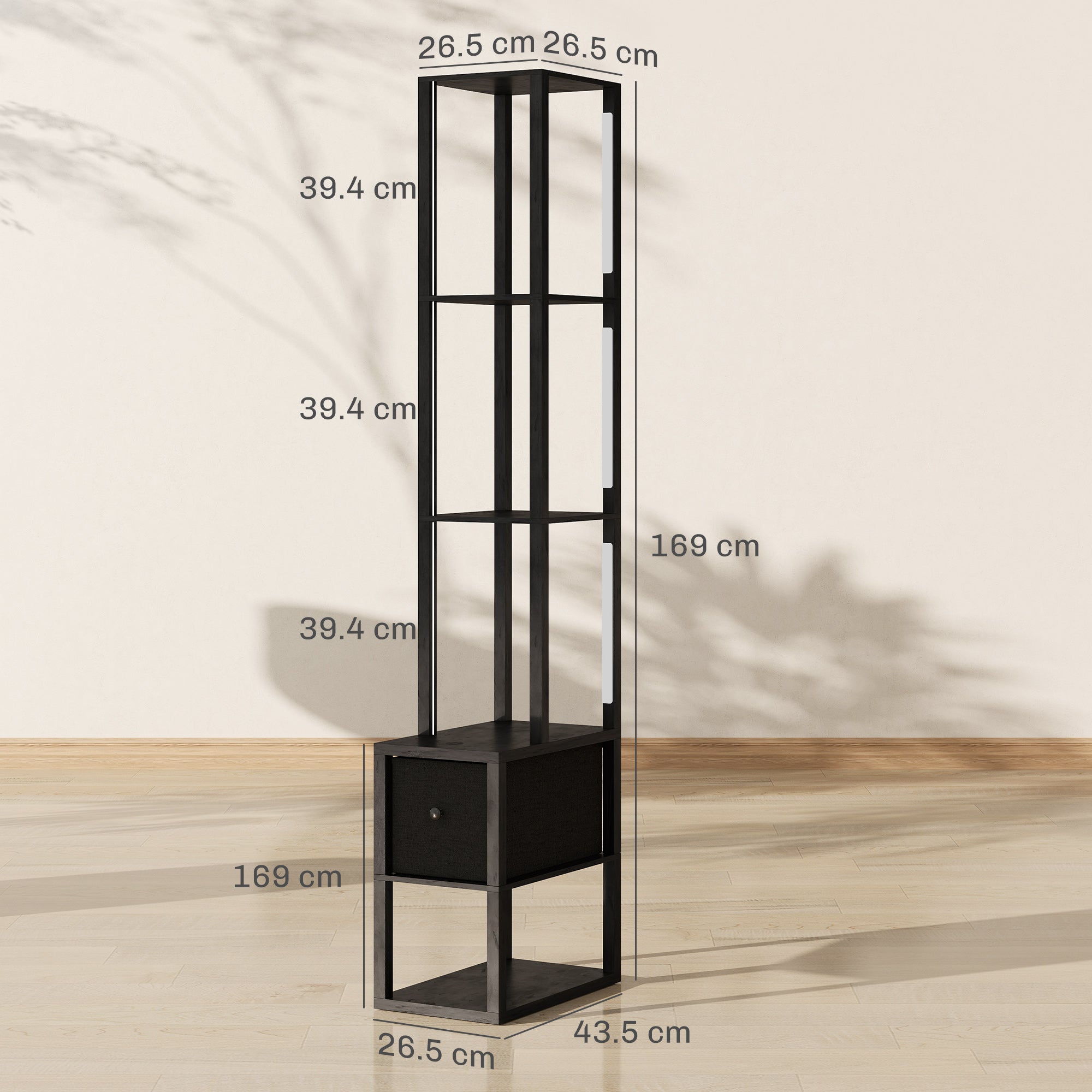 HOMCOM black LED floor lamp with shelves and a fabric drawer