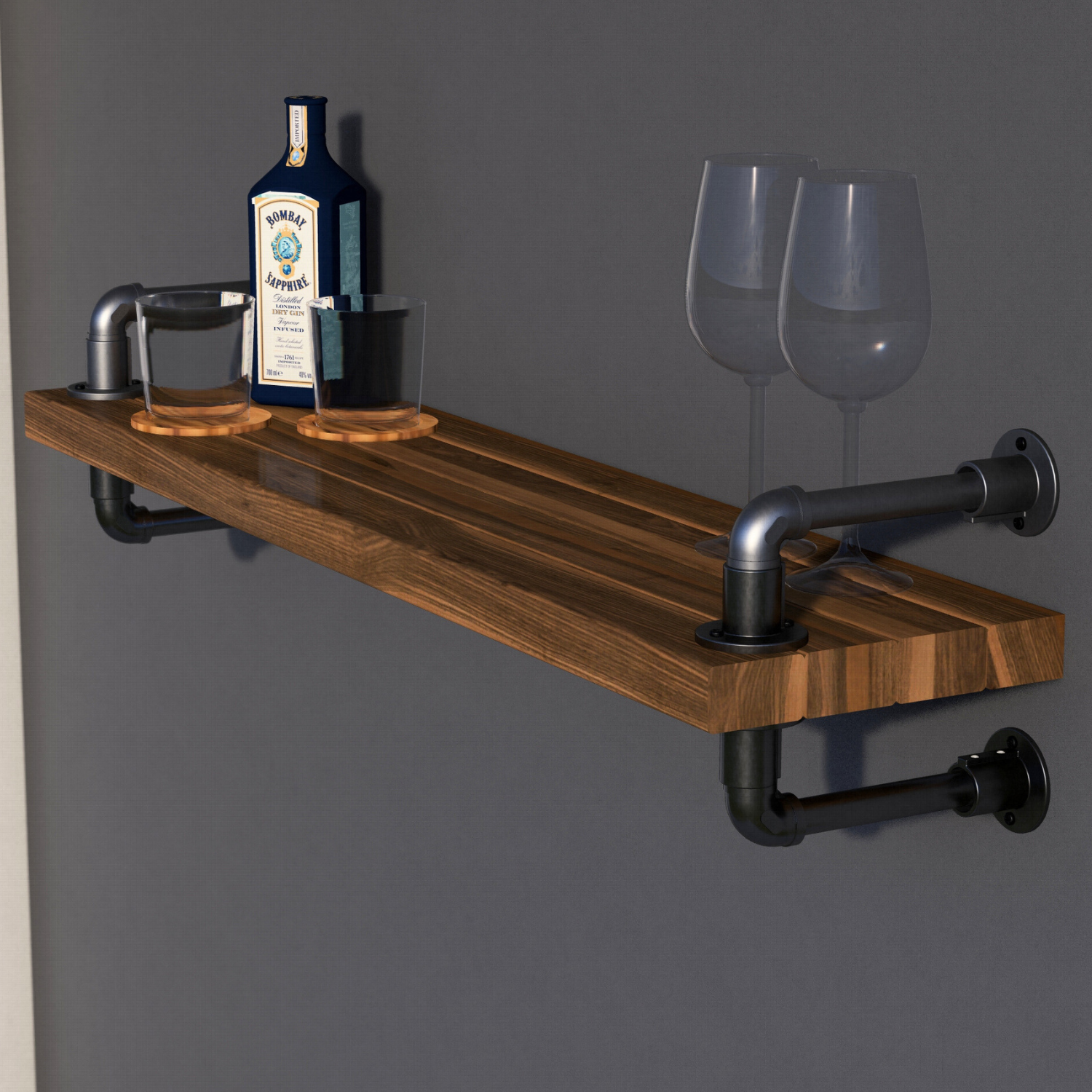 Rustic Industrial Single Pipe Floating Shelf, Dark Oak