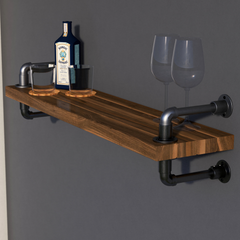 Rustic Industrial Single Pipe Floating Shelf, Dark Oak