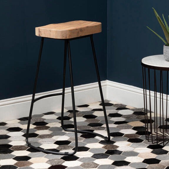 Lyon Oak Wood and Black Metal Bar Stool