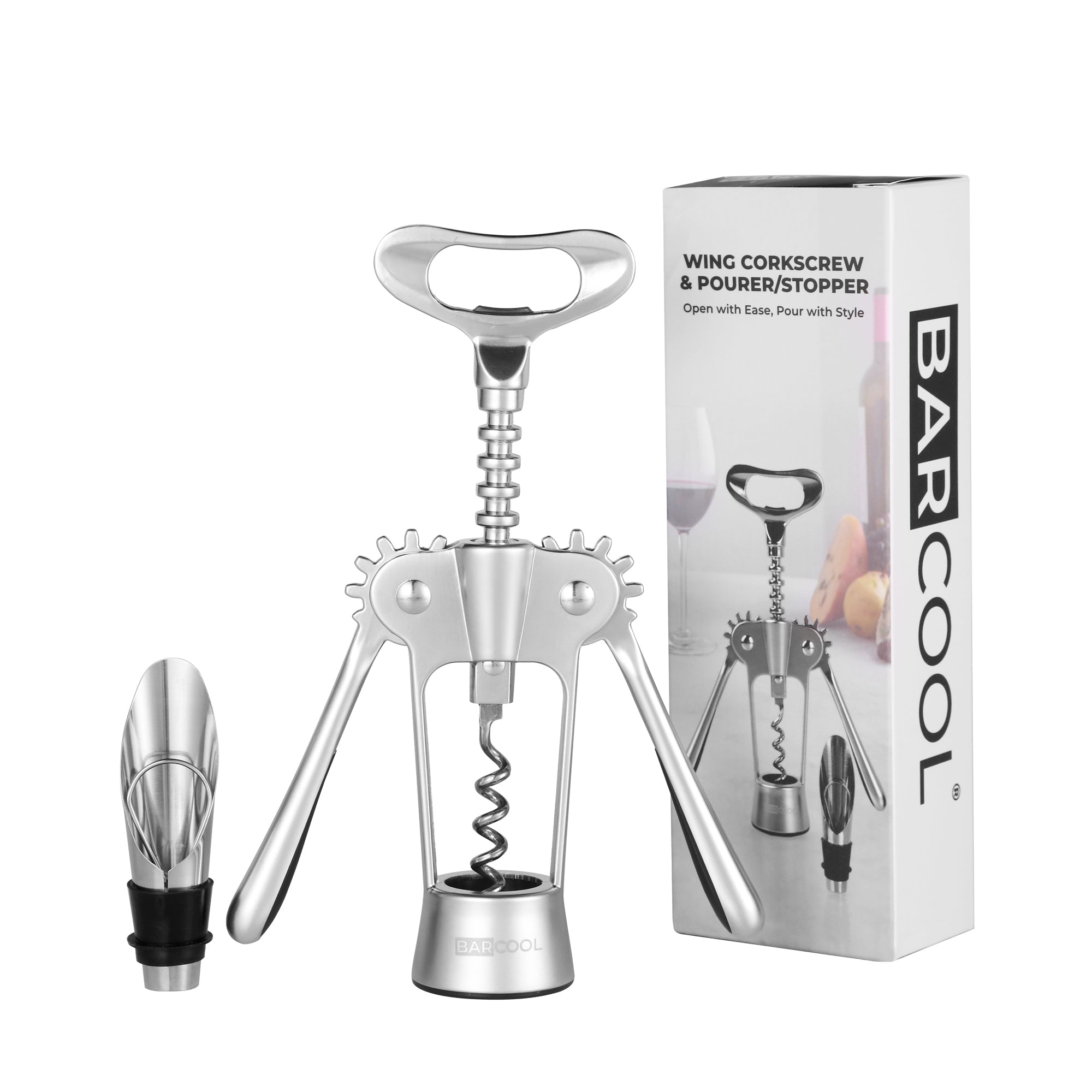 Barcool Wing Corkscrew with Pourer & Stopper | 3-in-1 Wine & Beer Opener