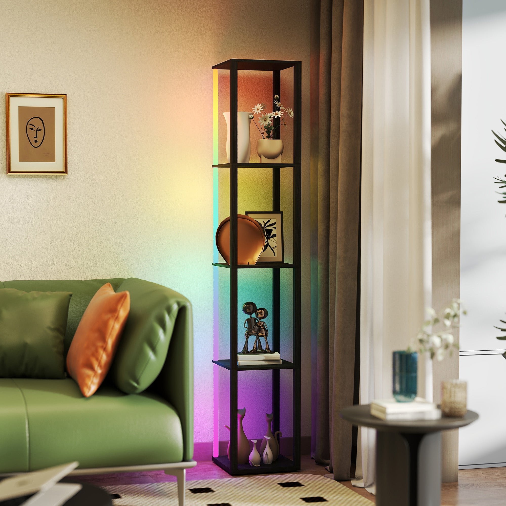 HOMCOM black RGB LED floor lamp with four display shelves