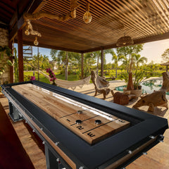 The Grand Shuffleboard Table – Luxury Black Metal & Chestnut Wood, 300cm