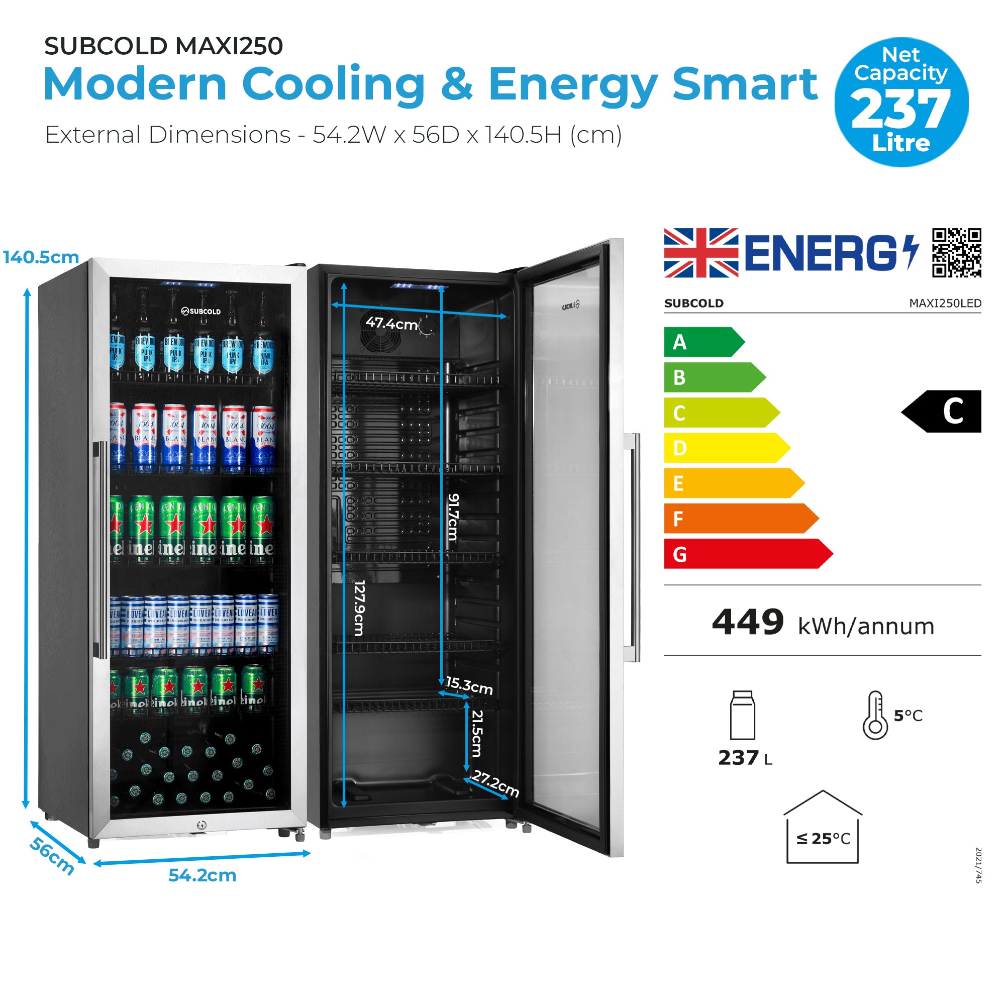 Subcold Maxi 250L Tall Drinks Fridge - Black / Stainless Steel – Man ...