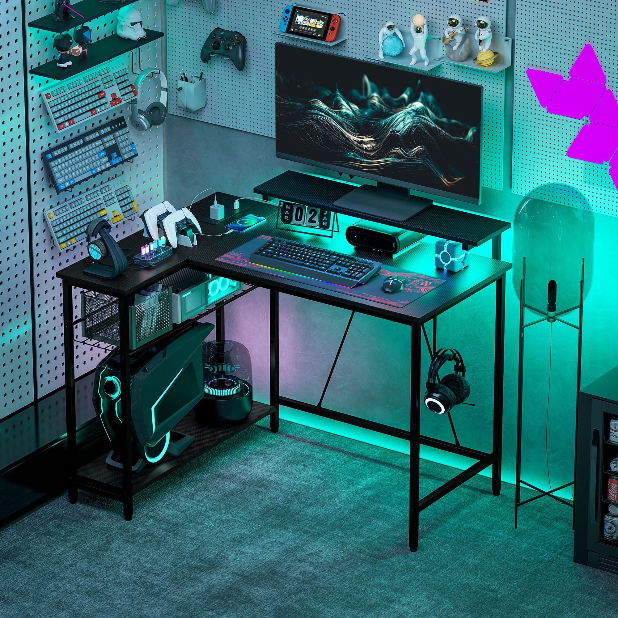 HOMCOM Reversible 'L' LED Light Gaming Desk - Black