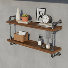 Rustic Industrial Two-Tier Pipe Floating Shelf – Dark Oak
