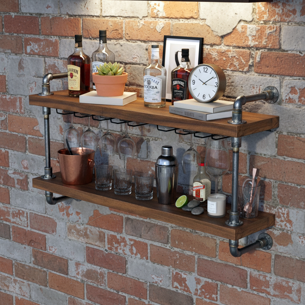 Rustic Industrial Two-Tier Pipe Floating Shelf – Dark Oak