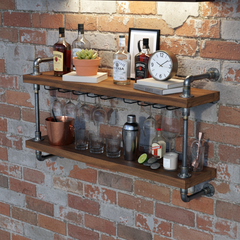 Rustic Industrial Two-Tier Pipe Floating Shelf – Dark Oak