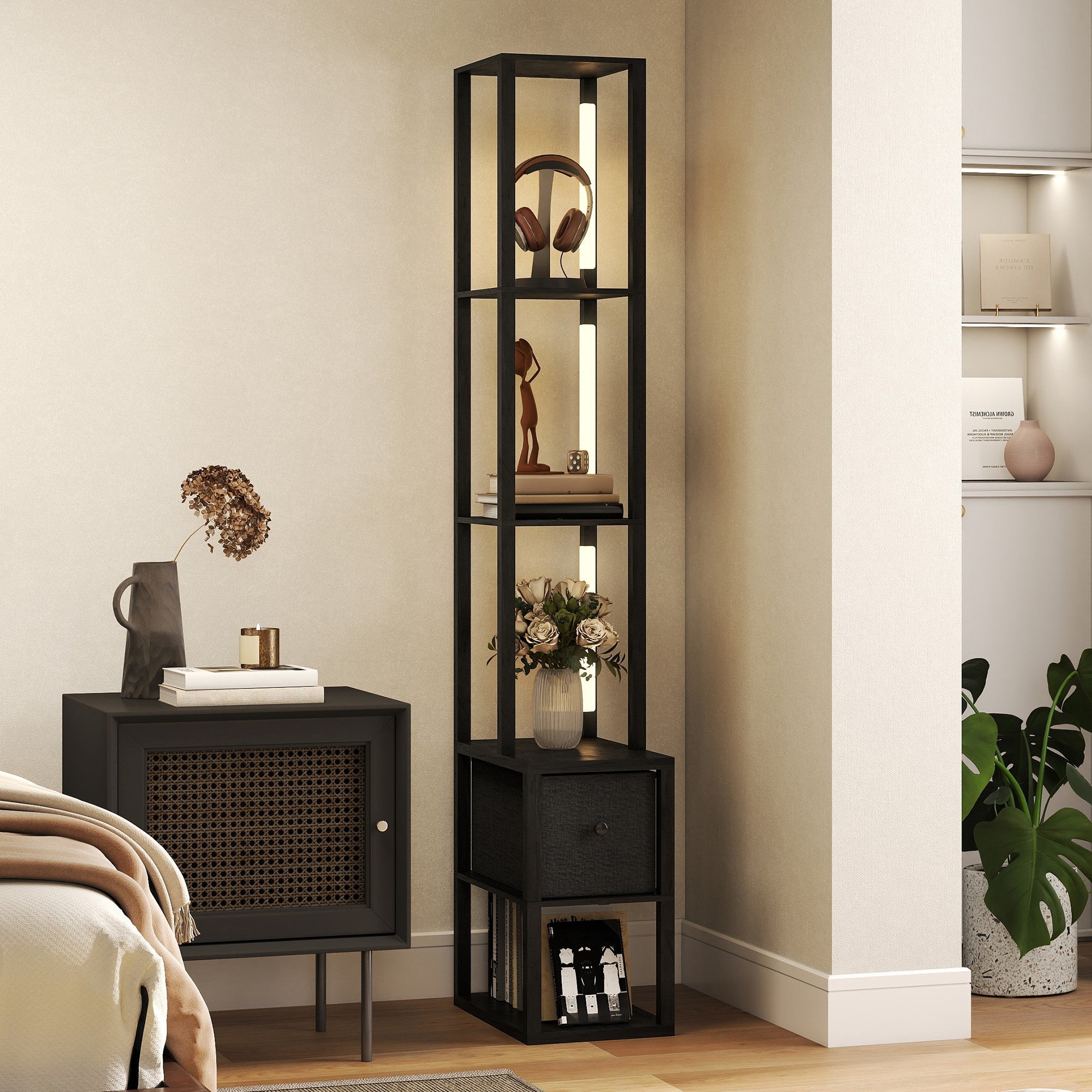 HOMCOM black LED floor lamp with shelves and a fabric drawer