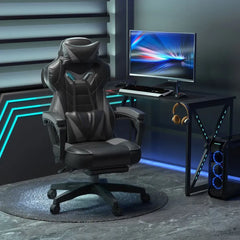 Gaming Chair Ergonomic Reclining w/ Manual Footrest Wheels Stylish Office Grey